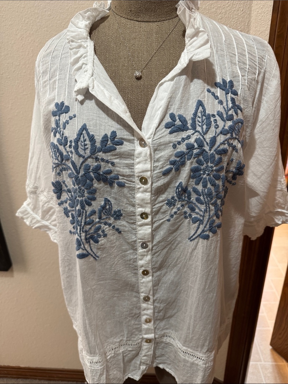 Sundance JP and Mattie White Button-Front Blouse with Blue Floral Embroidery